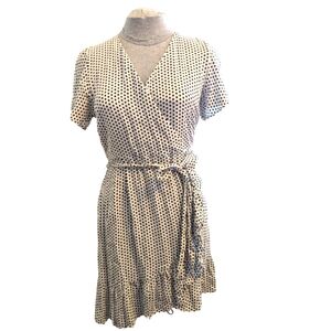 Kismet szL crepe faux-wrap cream polkadot retro ruffle dress EUC